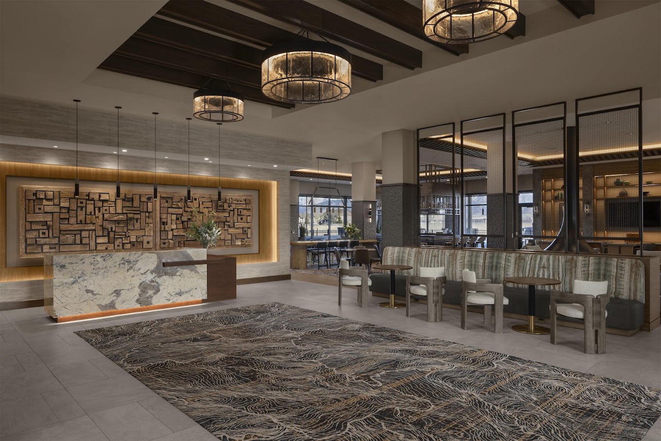 Interior with tile, carpet and wood finishes